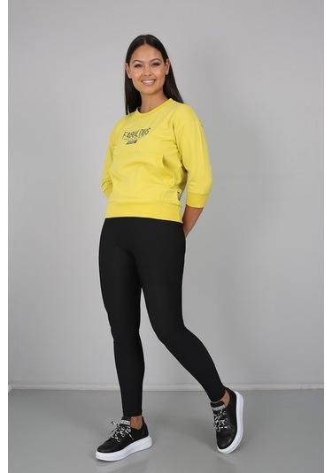 Baskılı Kanguru Cepli Yarım Kollu Sweatshirt Sarı