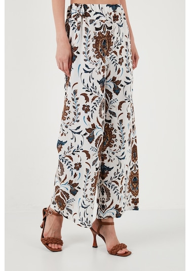 Lela Desenli Beli Lastikli Bol Paça Rahat Kesim Bayan Pantolon 5865217 Beyaz-Kahve