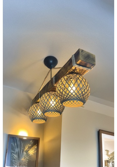 Üçlü Rustik Ahşap Avize El Yapımı Bohem Doğal Ahşap Tasarım İskandinav Dekor Lamba Halatlı Sarkıt Ahşap