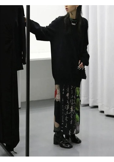 Batik Siyah Baskı Etekler Bayan A-line Bölünmüş Uzun Etek Harajuku Japon Sokak Şıklığı Gotik Faldas Largas Mujer 2024 Fairycore Siyah