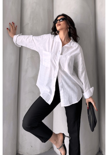 Paw Garage Kadın Harper Çift Cepli Oversize Keten Gömlek, 2025 Summer Collection Beyaz