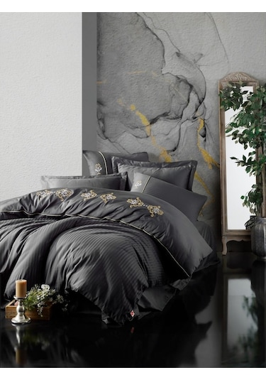 Cotton Box Brode Saten Çift Kişilik Nevresim Takımı King Antrasit