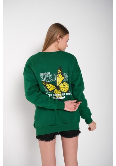 Modagen Kadın Yeşil Kelebek Baskılı Bisiklet Yaka Oversize Sweatshirt Yeşil