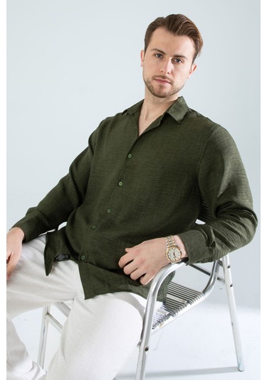 Rahat Kesim Keten Dokulu Gömlek Haki