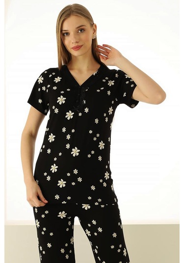 Alimer Kadın Siyah Kısa Kol Likralı Pijama Takımı Edy2728kk-s Siyah