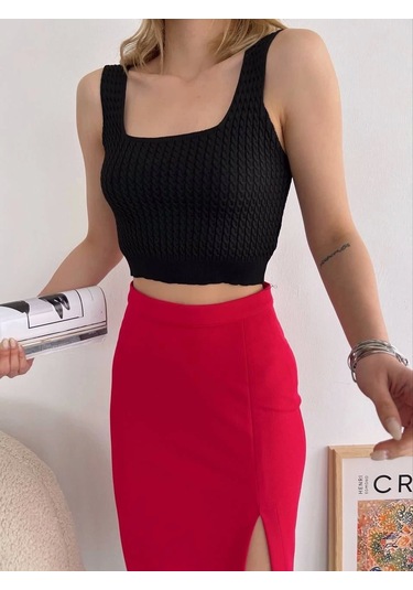 Yırtmaçlı Esnek Kumaş Midi Boy Etek Koyu Kırmızı Kırmızı