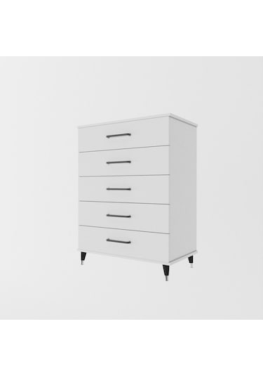 Şifonyer Beş Çekmeceli Aynalı Parlak Beyaz Beyaz