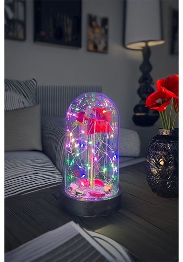 Anneler Gününe Özel Kırmızı Gül Rgb Fanus Lamba Usb'li Yapay Çiçek Dekoratif Aydınlatma Hediyelik