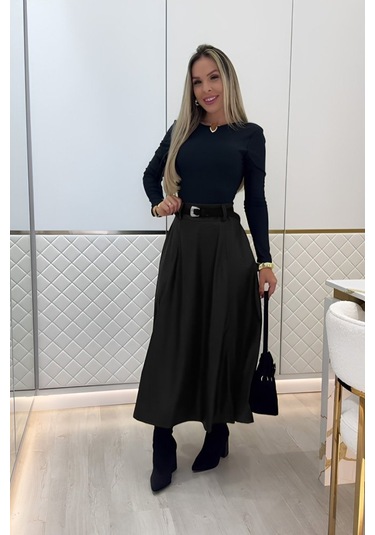Kadın Yüksek Belli Maxi Deri Kemersiz Etek Siyah