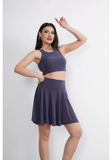 Sendy Kumaş Bisiklet Yaka Crop Şortlu Etek İkili Takım - Antrasit Antrasit