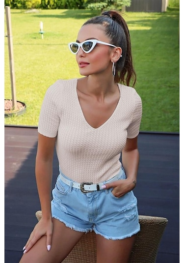 V Yaka Kısa Kol Taş Bluz TAŞ Taş