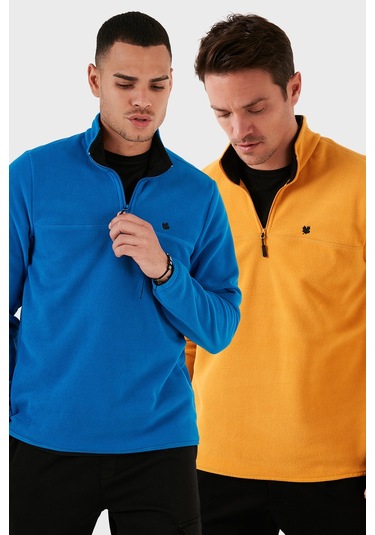 Buratti Slim Fit Anti-Pilling Tüylenme Yapmayan Bato Yaka Şardonlu 2'Li Paket Erkek Polar 5906001S2 Hardal-Saks