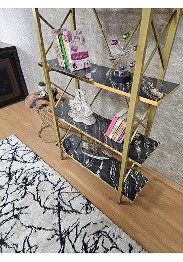 Çıkıntılı Gold Boyalı Kitaplık - 5 Raflı Suntalem Lüks Kitaplık L Çok Renkli