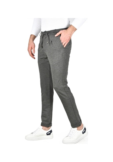 Deepsea Erkek Füme Beli Lastikli Slim Fit Likralı Duble Paça Penye Spor Pantolon 2502385 Füme