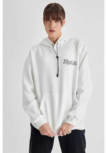Vexor Kapüşonlu Sırt Baskılı Üç İplik Oversize Sweatshirt - Beyaz