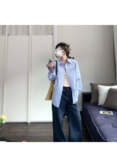 Kadınlar İçin 3d Fiyonklu Mavi Gömlek Kadın Şık Çok Yönlü Günlük Yaka Üst Düz Renk Uzun Kollu Bayan Tek Sıra Düğmeli Gömlekler Gökyüzü Mavisi