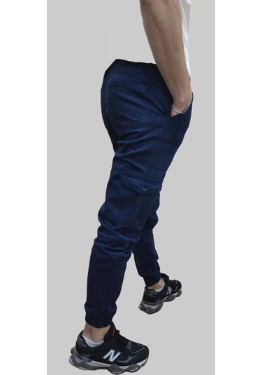 Erkek Jogger Beli Ve Paçası Lastikli Keten İndigo Kargo Pantolon İndigo