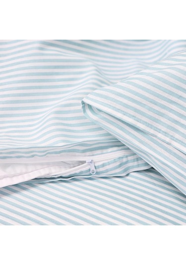 Çift Kişilik %100 Pamuk Düz İnce Çizgili Nevresim Takımı | Turkuaz Mavi & Beyaz | 4 Parça | Yumuşak Dokulu Turkuaz Mavi