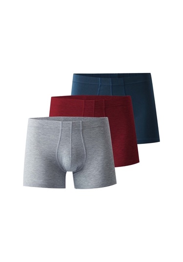 Josejuan 3'Lü Erkek Boxer Koton Likralı Yan Dikişsiz 1001-Gri Melanj - Bordo - Indigo