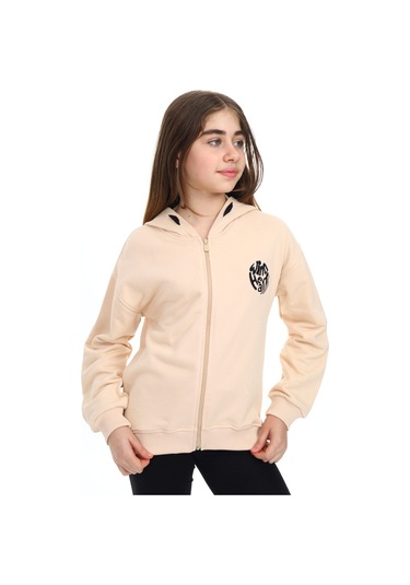Toontoy Kız Çocuk Kapüşonlu Fermuarlı Düşük Omuz Nakış Baskılı Yırtmaç Detaylı Örme Hırka - 3 İplik Şardonsuz Bej