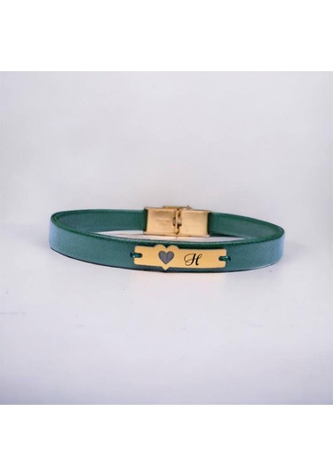 Archin H Harfine Özel 14 Ayar Altın Plakalı Kalp Figürlü Hakiki Yeşil Derili Hediye Bileklik-573harf H