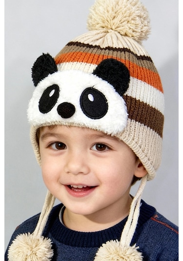 Bay Şapkacı - Sevimli Panda Tasarımlı Unisex Çocuk Kışlık Bere - 5900 Bej