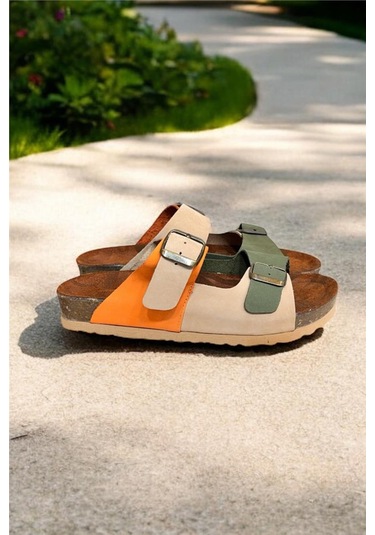 Bej Multi Hakiki Deri Nubuk Çift Bant Tokalı Mantar Taban Terlik Çok Renkli