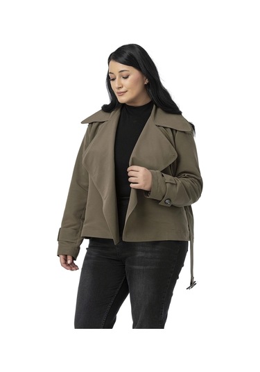 Büyük Beden Mono Yaka Kemerli Astarlı Kısa Haki Trençkot Haki