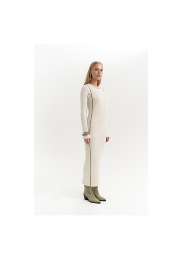 Aston Çizgi Detay Bej Triko Elbise Bej