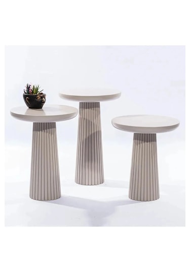 Wood Wooden 3 Lü Set Fitilli Mantar Yan Sehpa Modern Beyaz Renk F