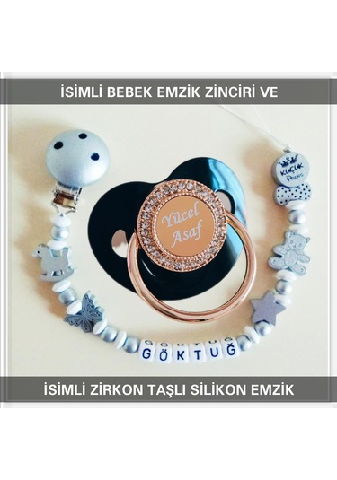 Sahi Aksesuar İsimli Bebek Emzik Zinciri ve İsimli Silikon Emzik Seti Pembe