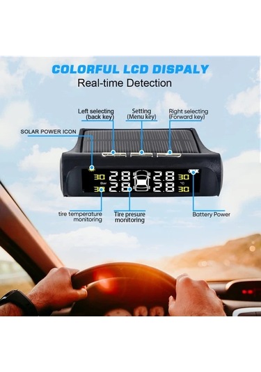 Boatshop1 Kablosuz Güneş Enerjili Tpms Lcd Lastik Basınç İzleme Sistemi 4 Tekerlekli Harici Sensör Otomobil Suv Minibüs