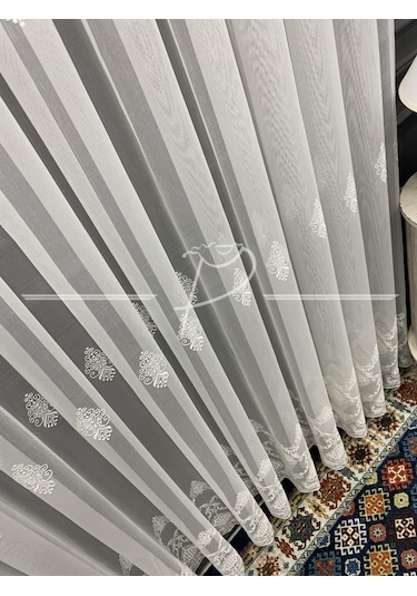 Tül Perde Taç Marka Fesli Desen Etek Bohreli Serpme Desenli Tül-2 Çok Renkli