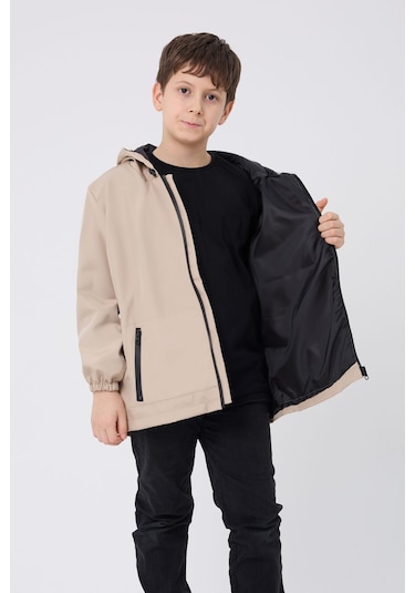 Erkek Çocuk Taş İçi Astarlı Su Ve Rüzgar Geçirmez Kapüşonlu Çift Fermuarlı Cepli Mont Taş