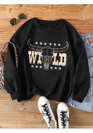 Coke Serisi Letter & Cow Head Print Thermal Pullover-trzksw1859 Kayısı