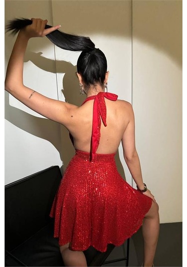 Neşeli Butik Kadın Kırmızı Halter Yaka Payet Elbise Nbdf046 Kırmızı