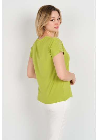 Ella Camelia Kadın Düşük Kollu Taş Süsleme Detaylı Bisiklet Yaka Bluz 24e116 Açık Yeşil Açık Yeşil