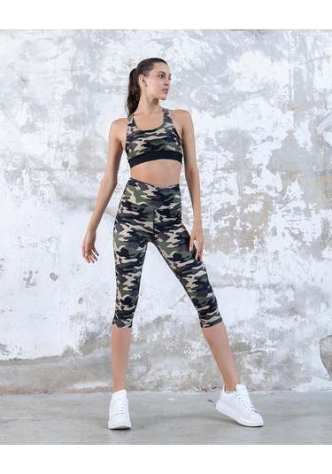 Kamuflaj Desen Toparlayıcı Spor Kapri Tayt Haki Kamuflaj
