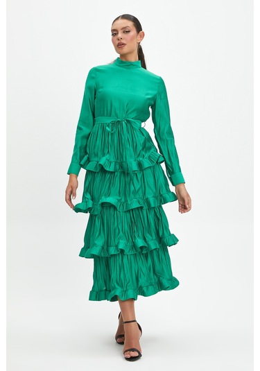 Kat Kat Fırfırlı Ve Bağcıklı Midi Boy Elbise - Günlük Ve Özel Günler İçin Modern Şıklık Bordo