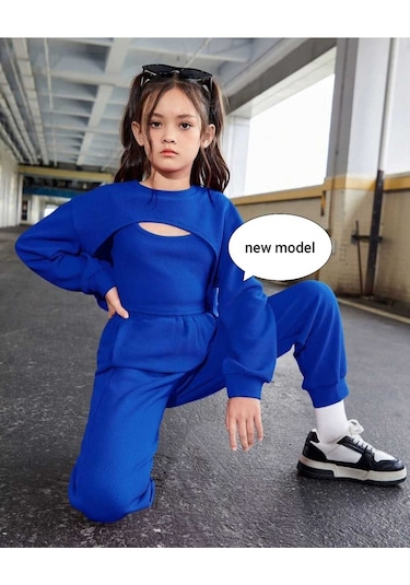 Aden Kids Kız Çocuk Krop Model Alt Üst Takım Toplam 3 Parça Saks
