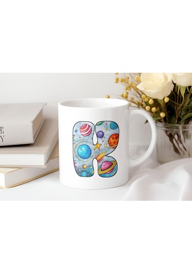 K Baş Harf Gezegen Desenli Kupa Bardak - Kişiye Özel Evren Temalı Kahve Çay Kupası - Gökyüzü Beyaz