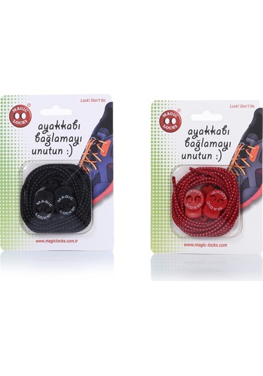 Magic Locks Yuvarlak Akıllı Ayakkabı Bağcık 2'li Set Siyah-Kırmızı