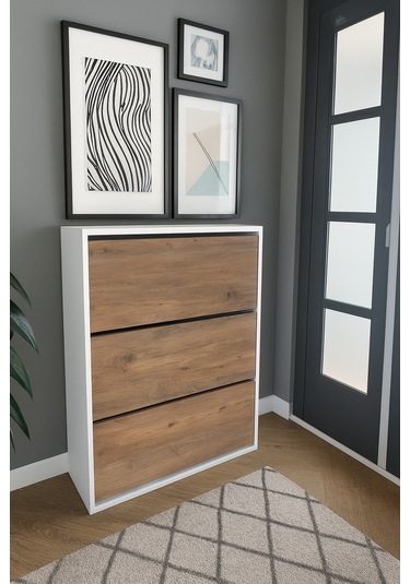 3 Bölmeli Ayakkabılık - Çam Ve Beyaz Çam-beyaz