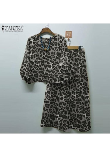 Zanzea Kadın Bluz Ve Pantolon Günlük Leopar Baskılı İki Parça Takım Elbise Gri Zanzea Kadın Bluz Ve Pantolon Günlük Leopar Baskılı İki Parça Takım Elbise Gri