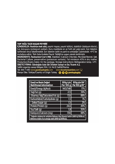 Gündoğdu Taze Kaşar Peynir 2 x 700 G