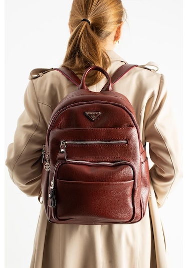 Vegan Deri Kadın Sırt Çantası 35 25 Cm Yağmur İtici Kumaş Mega Bag Günlük Kullanıma Uygun Bordo