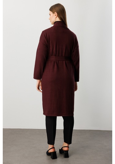 On Kadın Büyük Beden Beli Kuşaklı Şal Yaka Hırka 60900 Bordo Bordo
