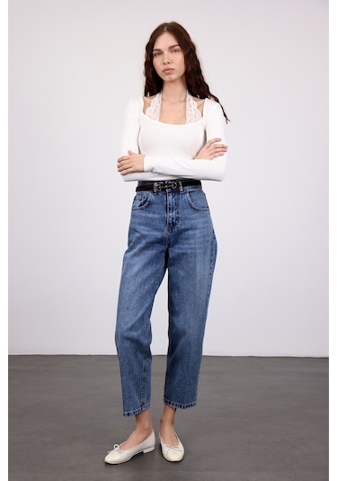 5in1Canpolat Mavi Yüksek Bel Baggy Jean 3004 Mavi