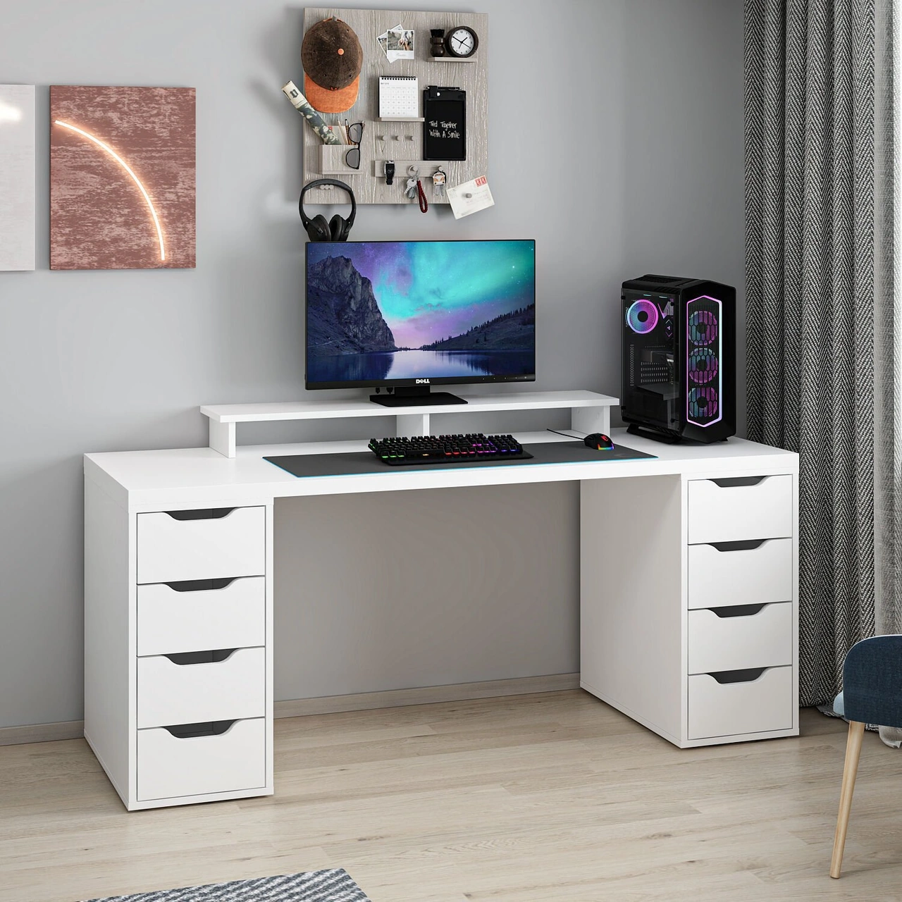Alen 180 Cm 8 Çekmeceli Geniş Çalışma & Oyuncu Masası - Beyaz Beyaz