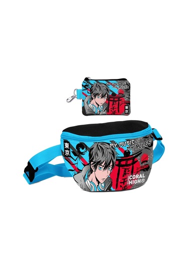 Coral High Erkek Çocuk Siyah Mavi Anime Desenli Bel Çantası Ve Bozuk Para Cüzdanı Set Çok Renkli